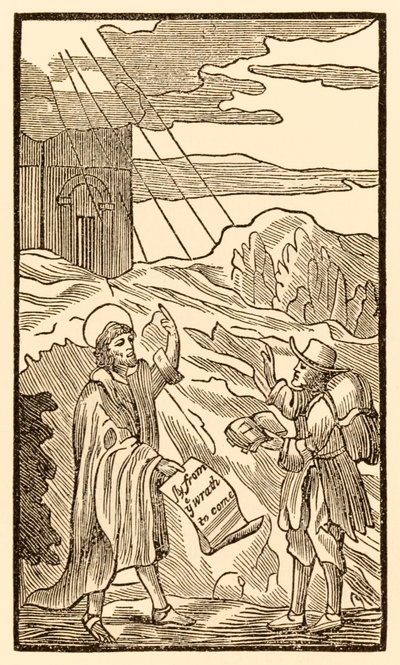 Christian No Sooner Leaves the World but Meets Evangelist from The Pilgrims Progress From This World, To That Which Is To Come by John Bunyan (1628-1688) by Unknown